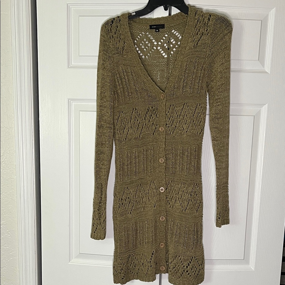 BCBG Max Azria Sweater Cardigan Duster Tan/Olive Green Size Medium Cottage Beach